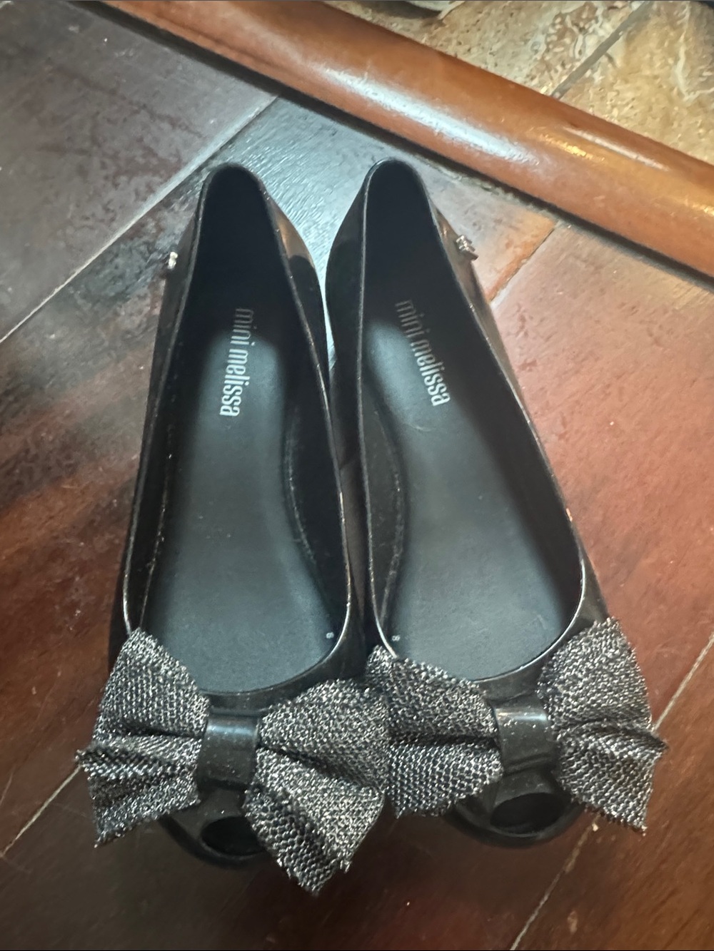 New Mini Melissa Black Glitter Bow Peep-Toe Flats with Sparkle Bow size 12